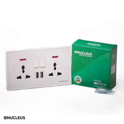 Double MF switched socket with neon+2USB / Double Prise de courant MF avec  interrupteur   